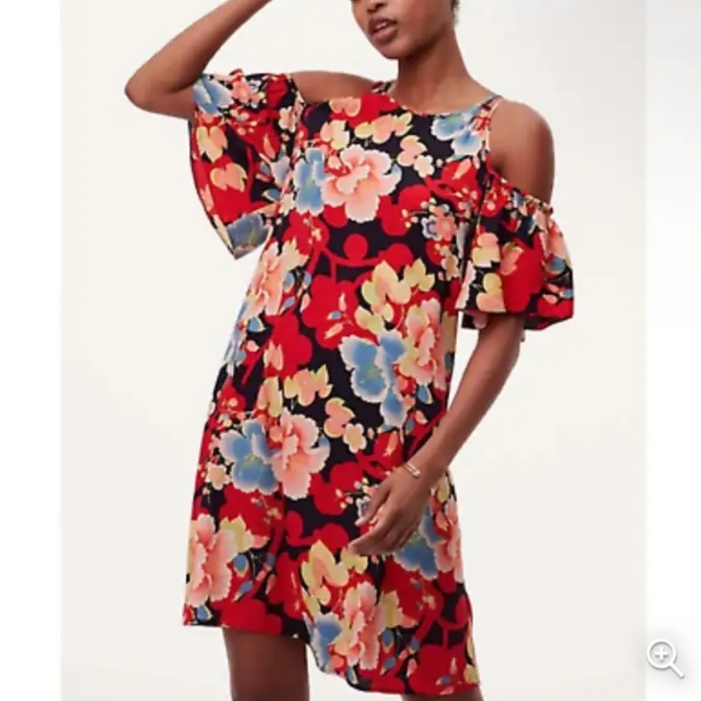 LOFT Red Floral Cold Shoulder Midi Dress